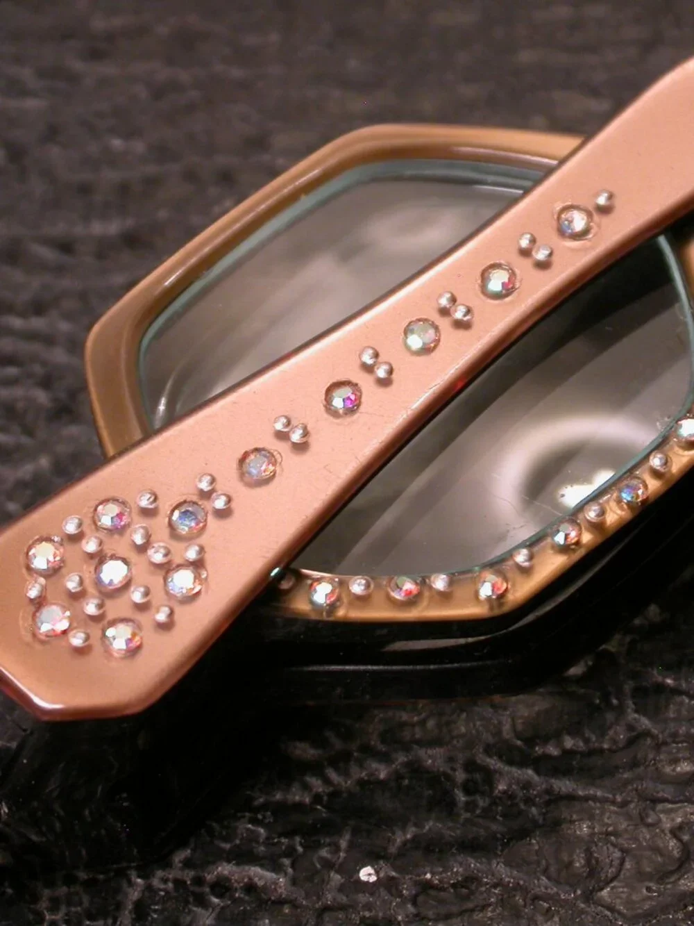 Vintage Fancy Hexagon Brown Rhinestone Folding Cat Eye Read Eyeglasses Lorgnette